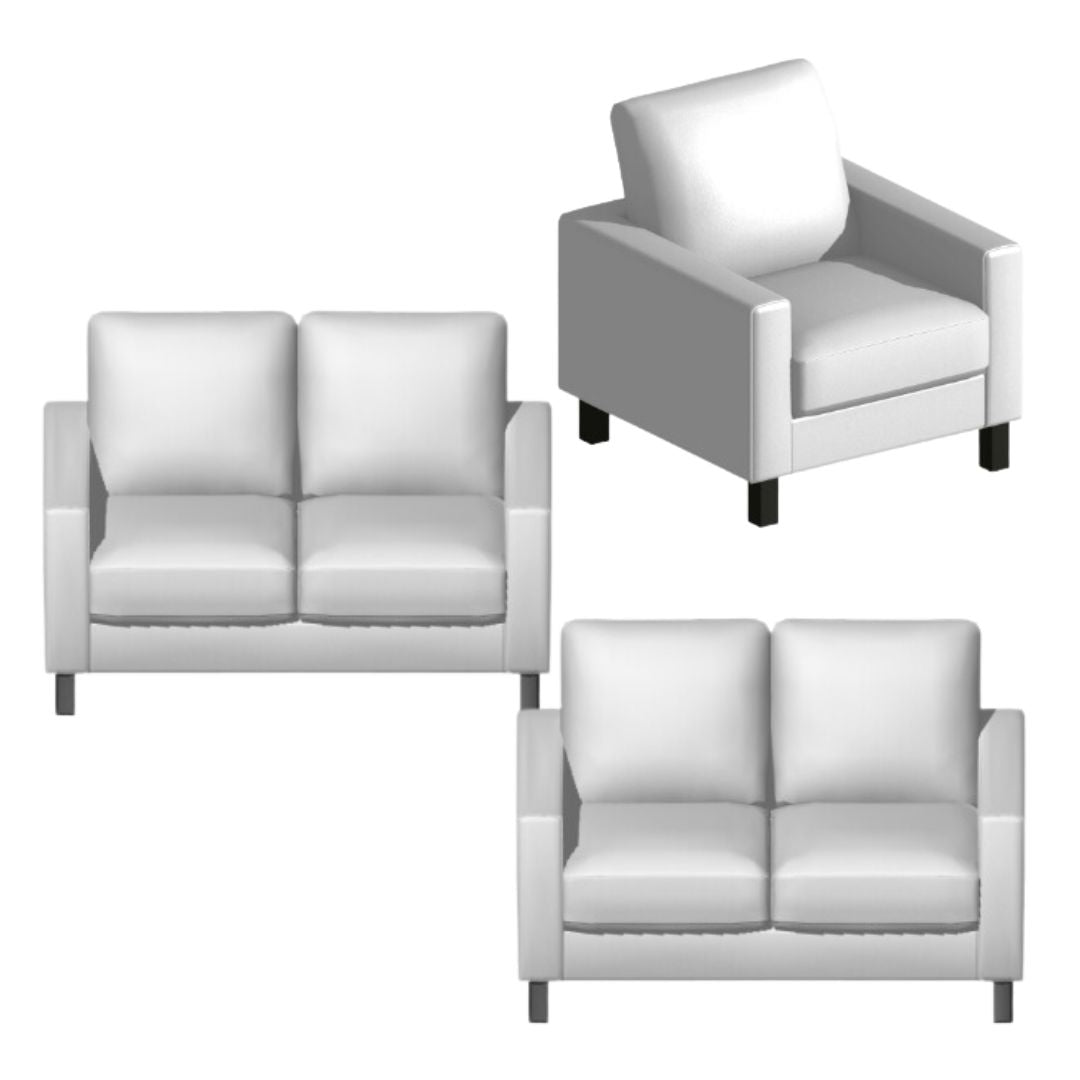 A lounge set featuring modern leather furniture.