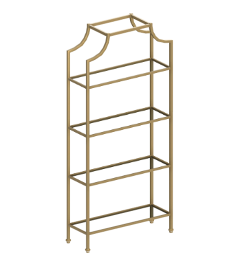 A stylish 5-tier shelf with a gold metal and glass construction.